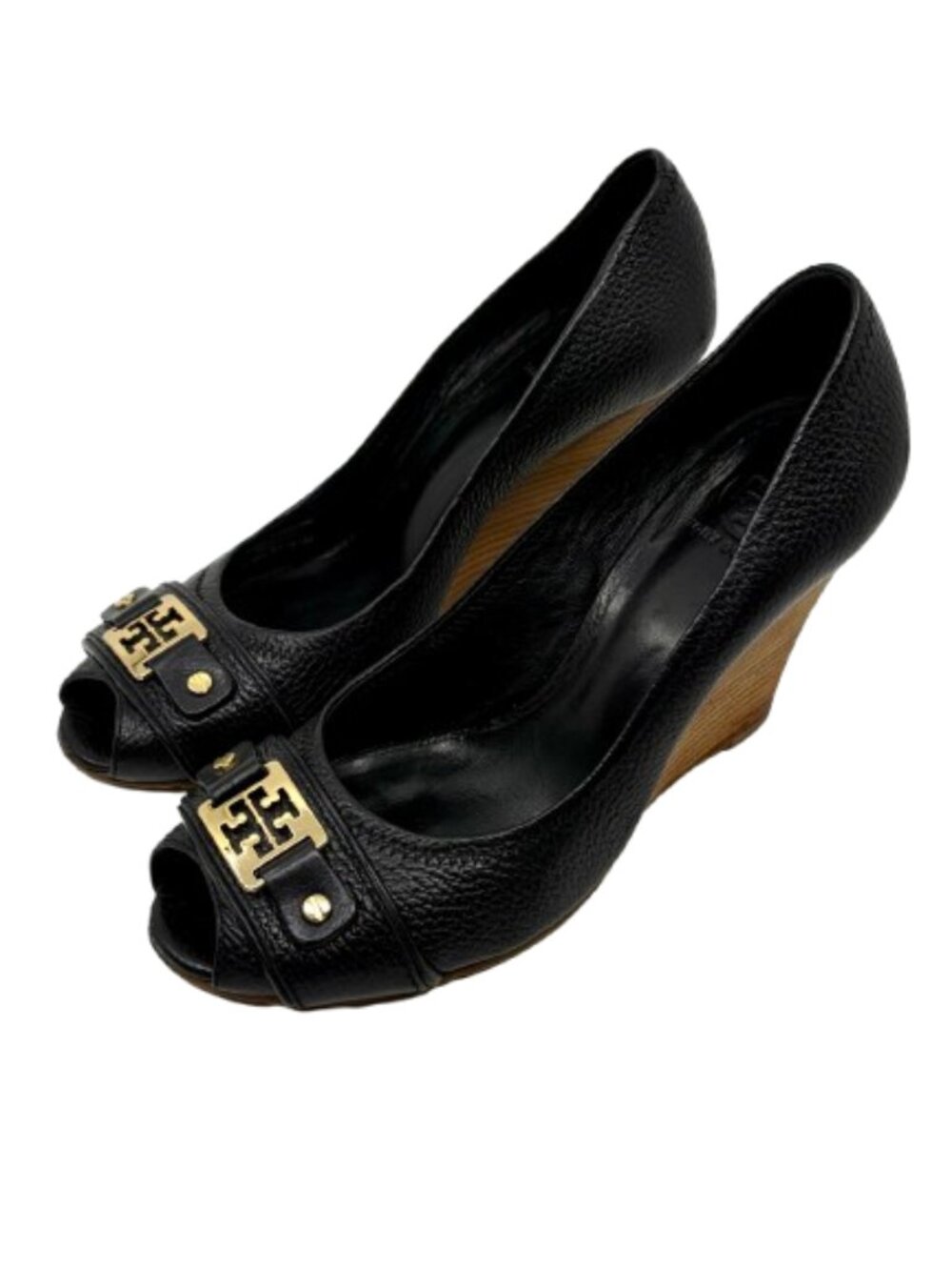 TORY BURCH~Carnell~PEEP TOE WEDGE HEEL PUMP~BLACK PEBBLED LEATHER 9.5M